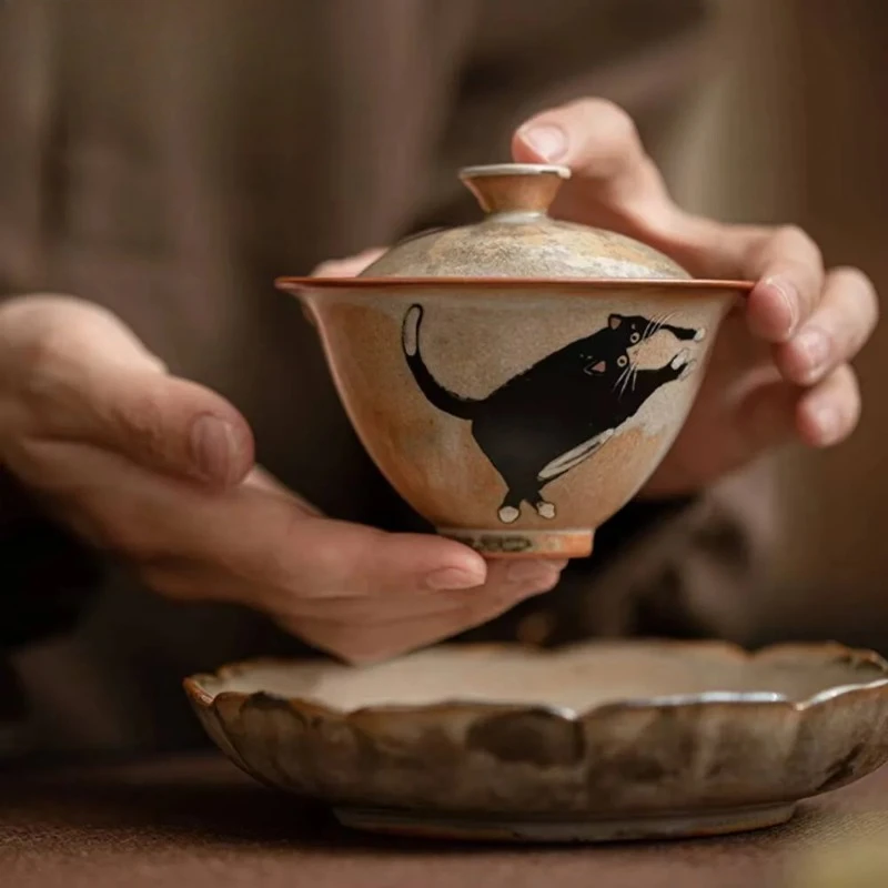 130ml Handmade Wood-fired Porcelain Gaiwan Retro Kiln Change Zhiye Cat Pottery Tea Tureen Maker Cover Bowl For Ornaments Craft view 5