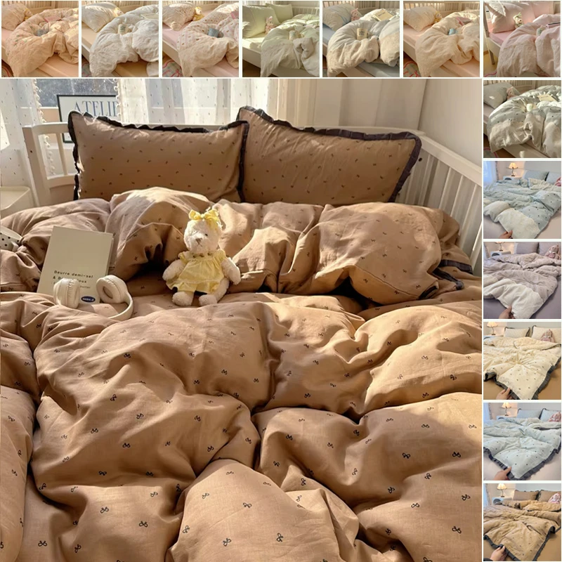 3/4Pcs French Style Wash Cotton Bedding Set Lace Ruffle Duvet Cover Bed Sheet Pillowcase Active Printing INS Cute Bedroom Decor