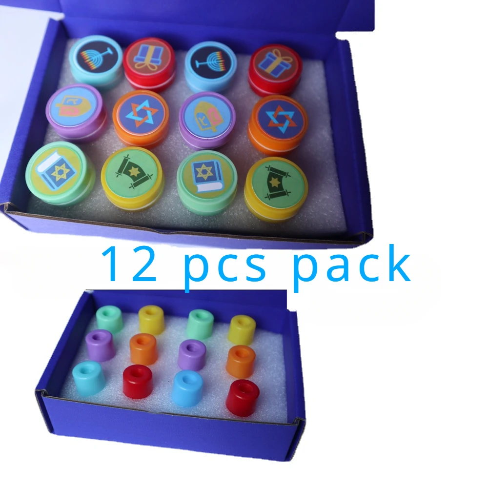 Jewish Toy Stamps, Box of 12 Stampers, Each Stamp Icon Including Menorah, Dreidels, Bible, gift, David Star, Holy Scroll