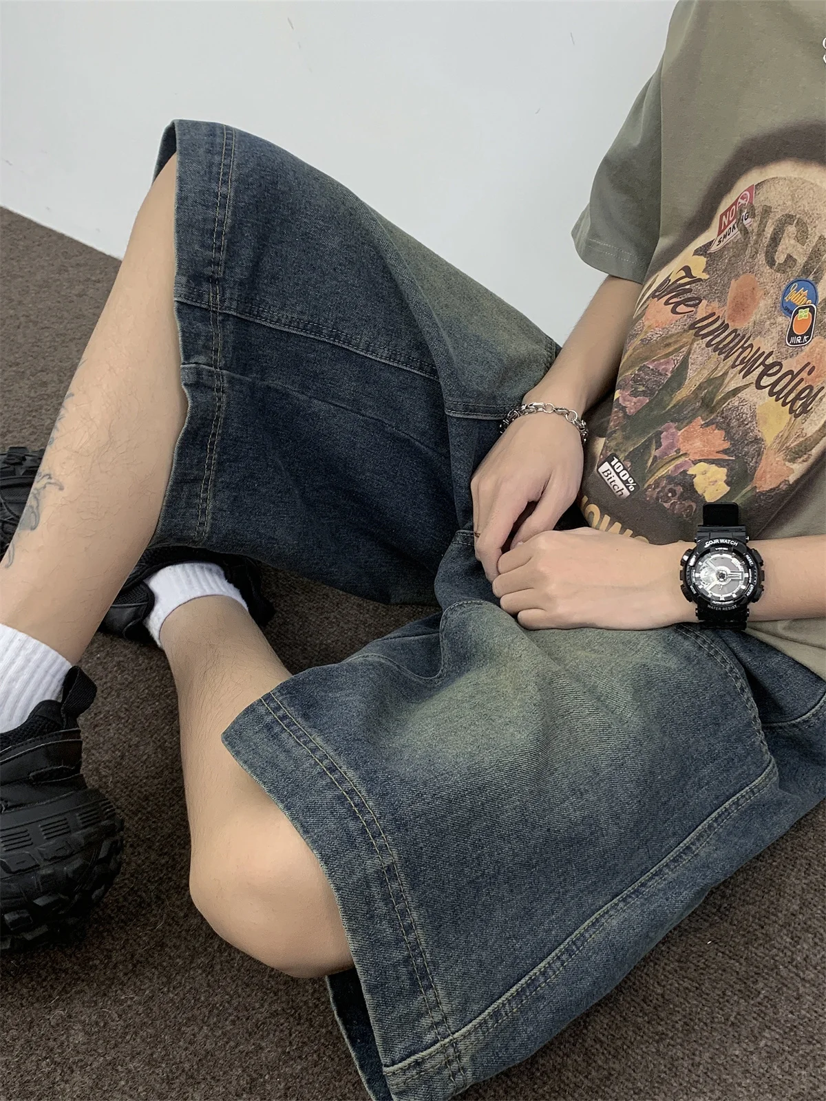 

Retro American Waed Denim orts Men's Summer Trendy Straight Loose Boys Wide Leg Workwear Five-Quarter Mid-Pants