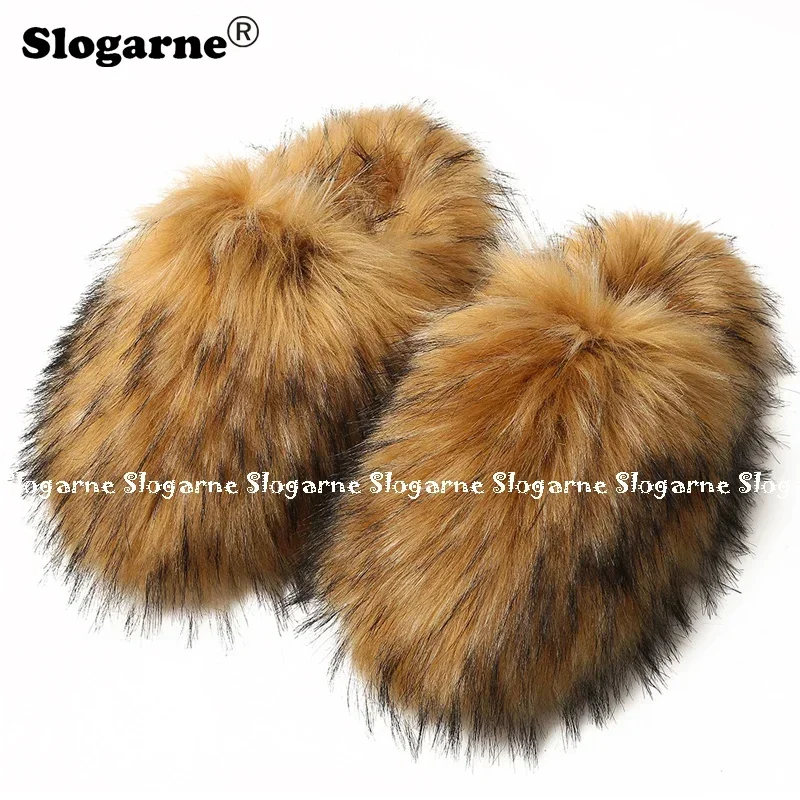 New Winter Faux Raccoon Dog Fur Slippers Women 2024 Warm Luxury Furry Faux Fur Slippers Gril Home Cotton Shoes Indoor Fur Slides