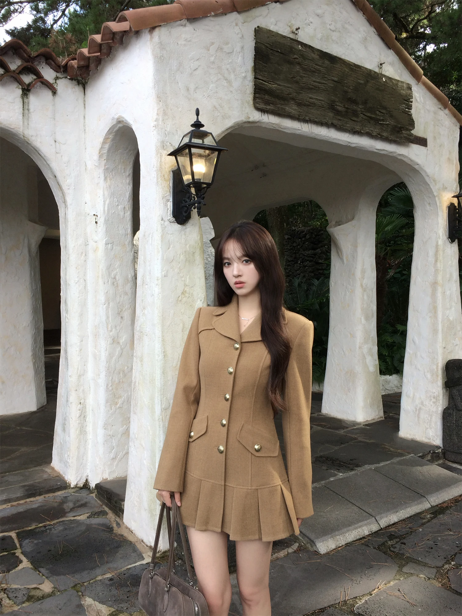 

Neurcz Khaki Woolen Coat Women's Autumn Winter Tailored oulder Notch Collar Long Coat Sli Slim Fit Commute Sle Button...
