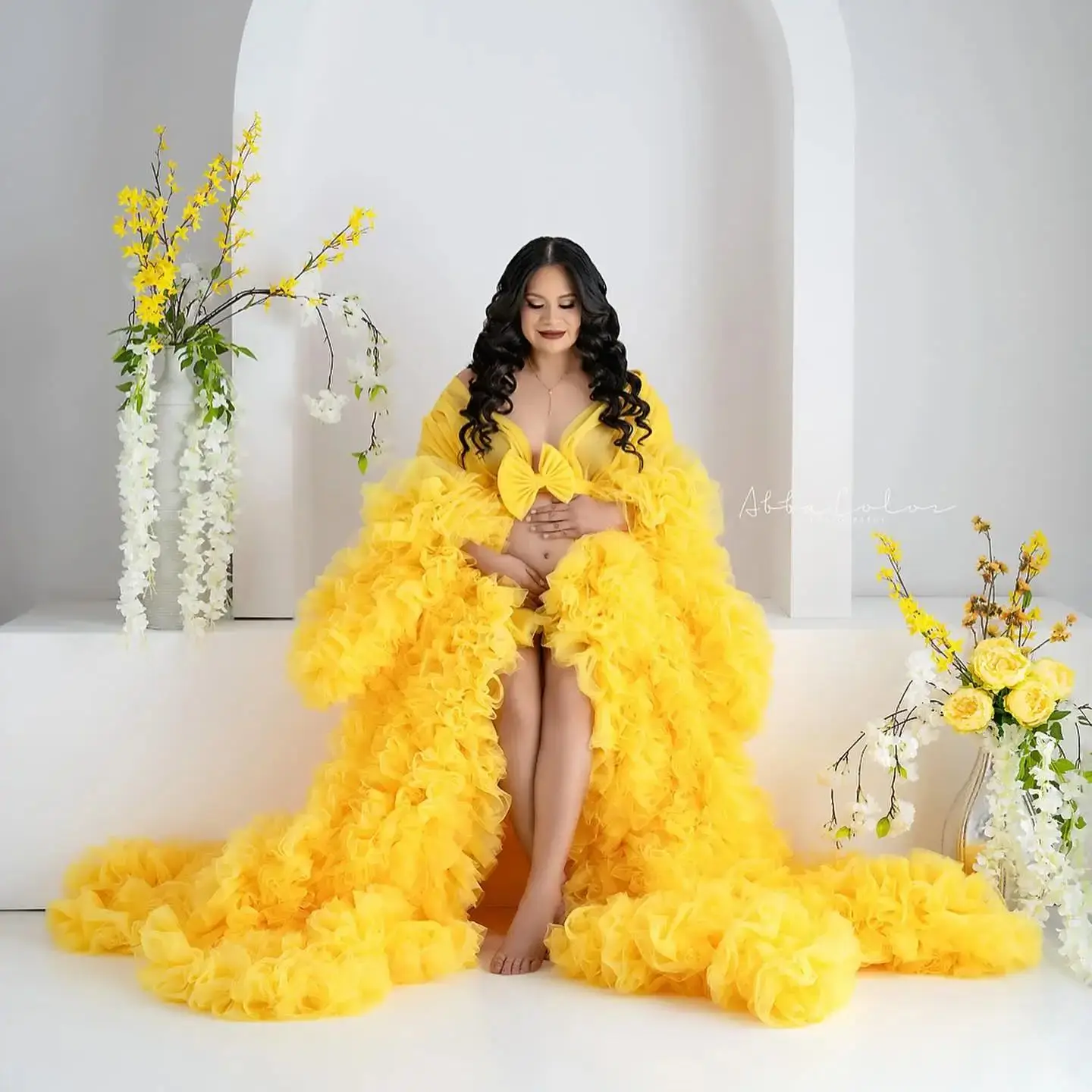 Vestidos de Noche de línea A para mujeres embarazadas, ropa de maternidad con volantes escalonados, mangas largas, abertura frontal, color amarillo