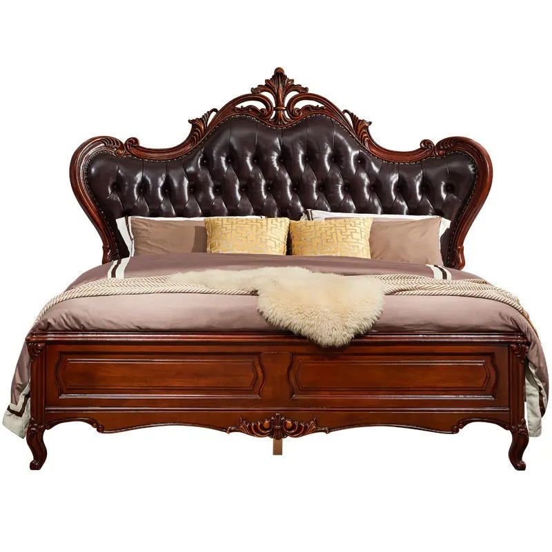 

American style, leather bed, master bedroom, double, vintage, solid wood, carved