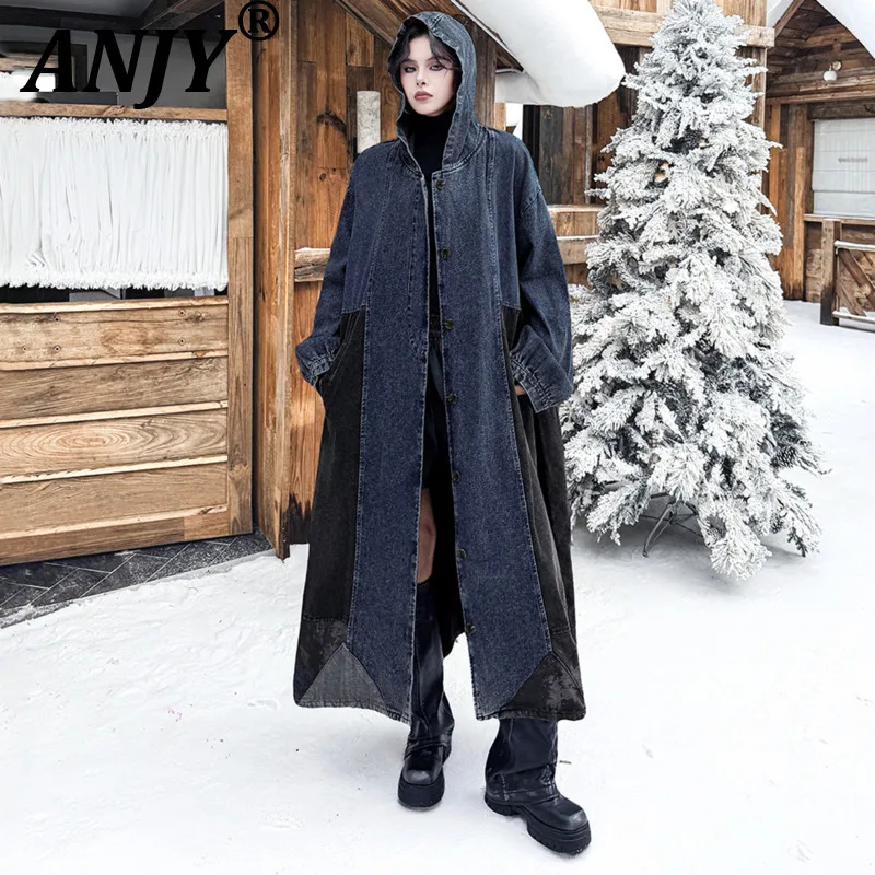 ANJY Autumn Winter Women Retro Loose Patchwork Hooded Long Denim Jacket Dark Trendy Color Block Distressed Oversized Coat A28292