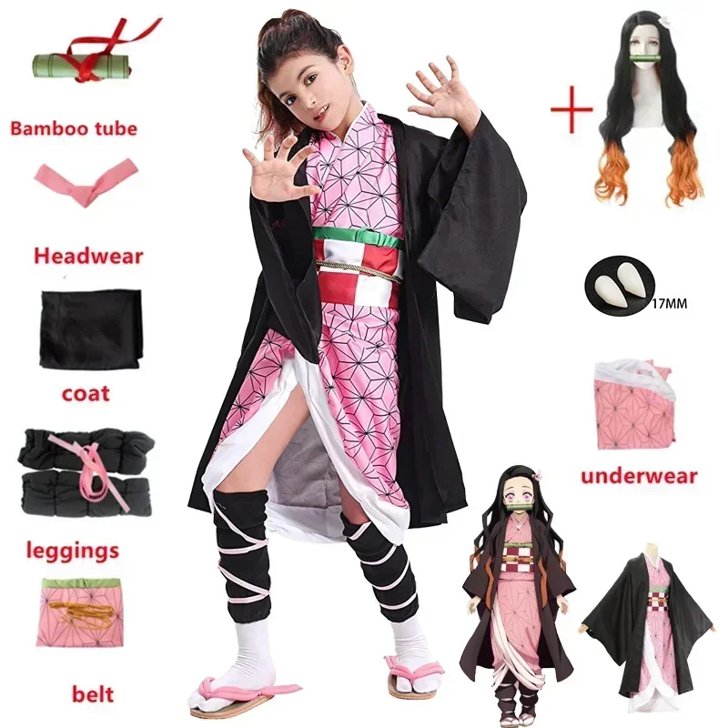 

Anime Kamado Nezuko Cosplay Kostuum Demon Slayer Cosplay Uniform Kleding Kimono Pruik Rekwisieten Set Halloween KostuumVolwassen