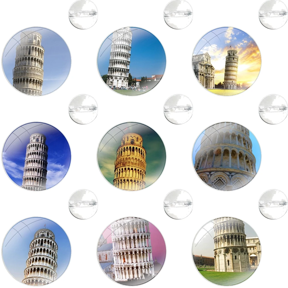 Glass Dome Brooches Badge Pins For Clothes Hat Shirt Lapel Bag Leaning Tower of Pisa