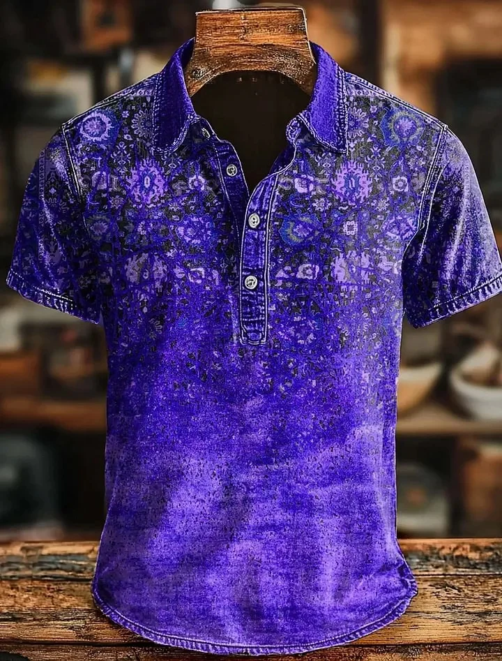 Neues Retro Vintage Batik-Streifenmuster Herren Kurzarm-Poloshirt mit Denim-Stil und lässigem Kragen – Detail 4