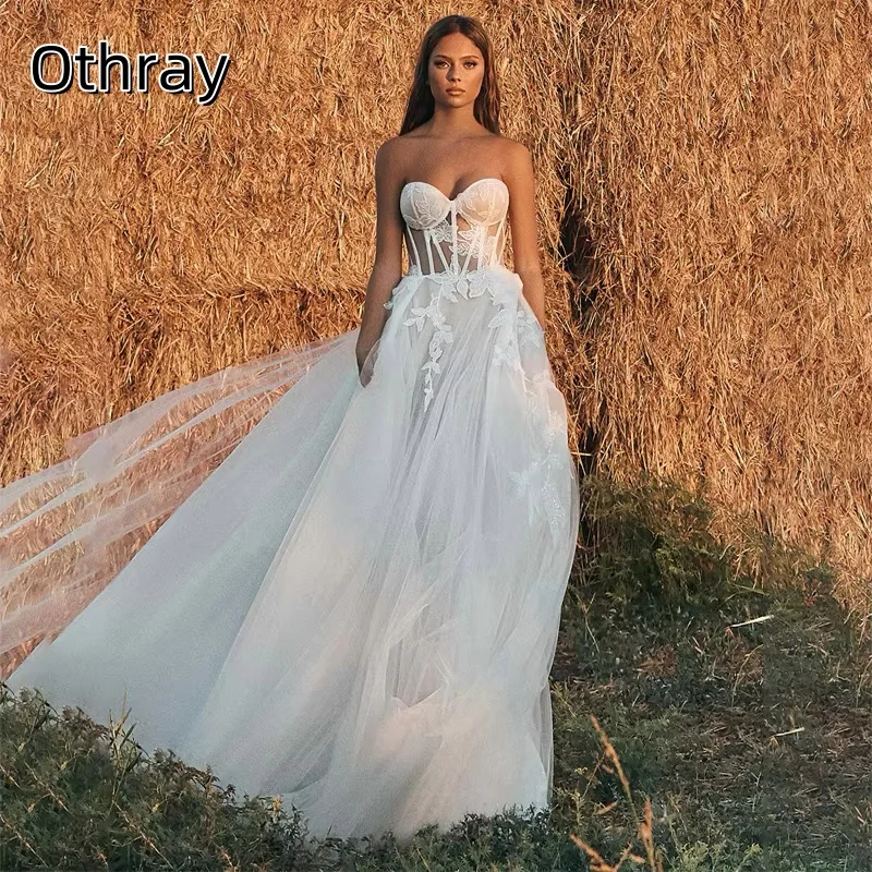 Othray Modern Sweetheart 3D Flower Lace Applique Boho Beach Sweep Train Tulle A Line Wedding Dresses Custom Made Bridal Grown