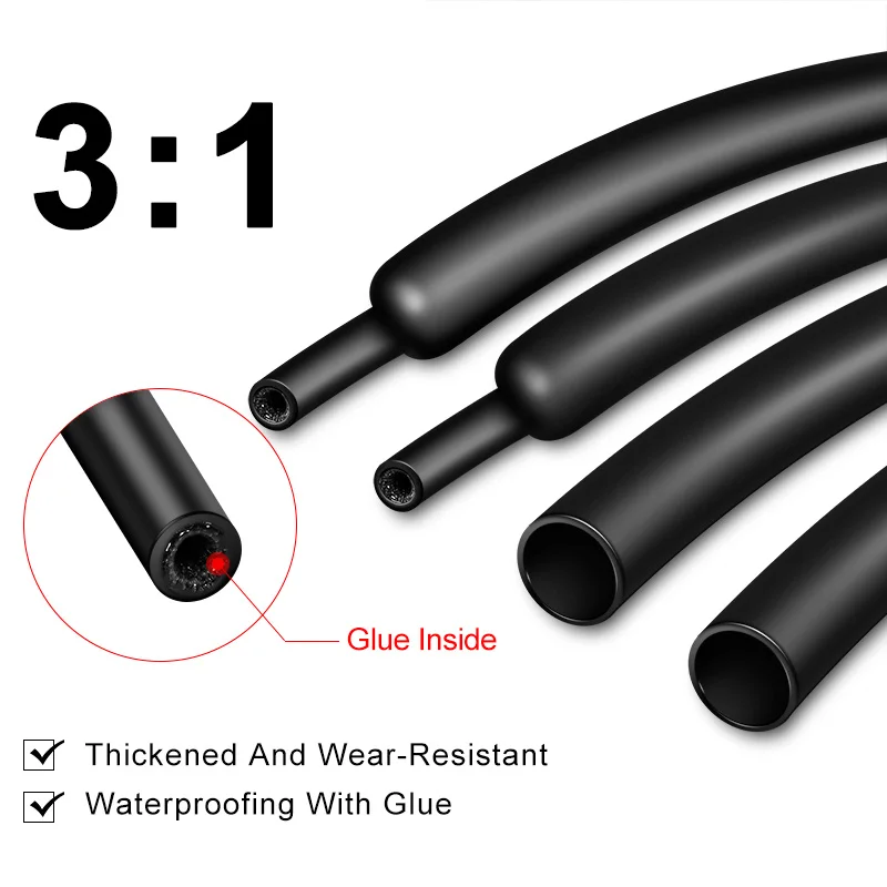1M 3:1 Heat Shrink Tube With Glue Inside Diameter 1.6/2.4/3.2/4.8/6.4/7.9/9.5/12.7mm Adhesive Lined Sleeve Wrap Black