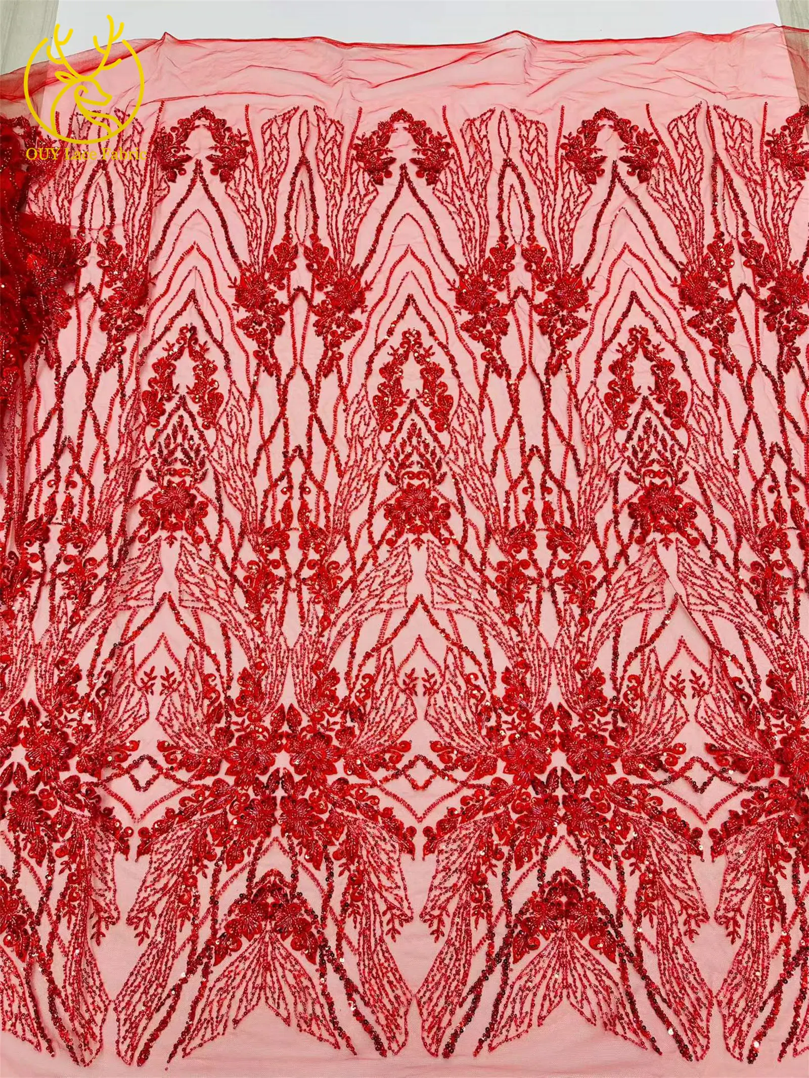 Hochwertiger roter afrikanischer handgefertigter bestickter Perlen-Spitzenstoff 2026 Nigerianische Pailletten-Spitze für Damen Hochzeit Nähen 5 Yards – Detail 15