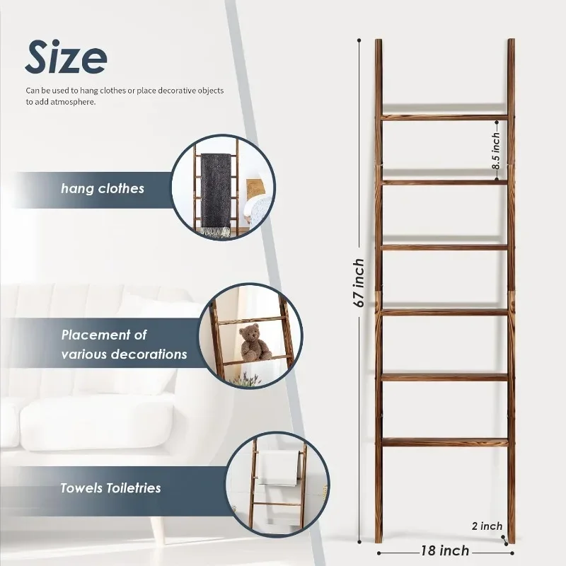 บันไดผ้าห่ม 6 ชั้นไม้, 5.7FT (66.5 '') ผ้าห่มผ้าห่มผ้าเช็ดตัวผู้ถือแร็คบันไดตกแต่ง, ประกอบง่าย