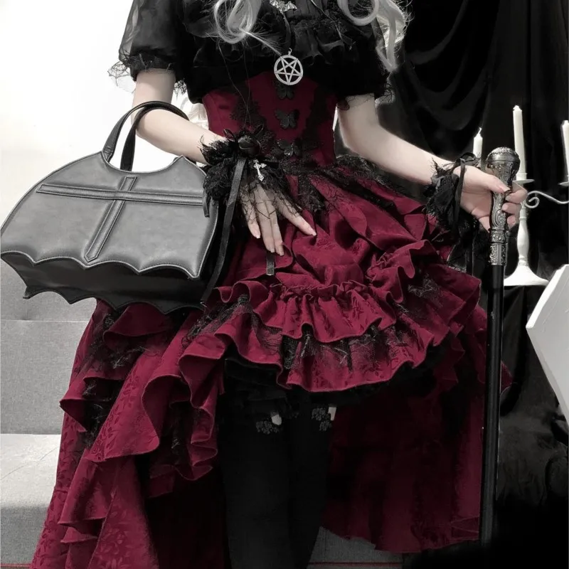 Dark Goth Wind Black Shirt Red Lift Skirt Suit Dress