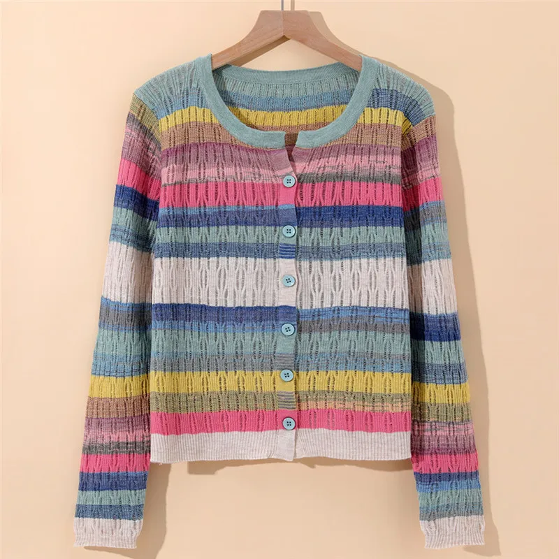 Fashion Knitted Cardigan Sweater For Women 2024 New Spring Autumn Color Striped Long Sleeved V-Neck Knitwear Female Top Jacket