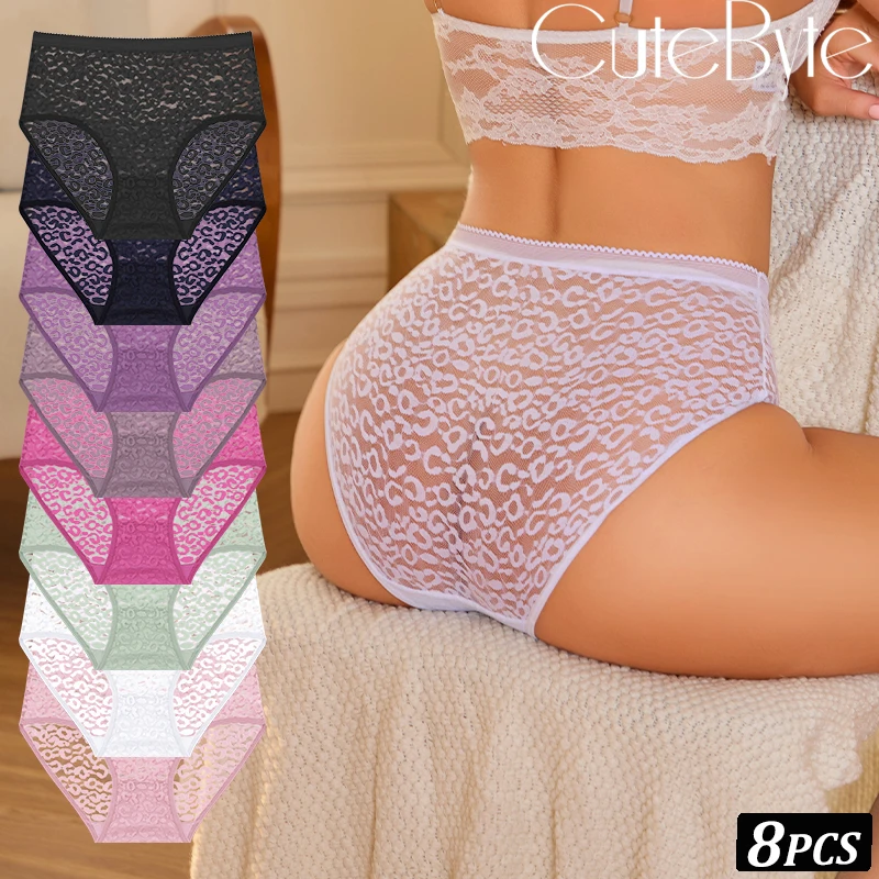 

8 шт., сексуальные кружевные прозрачные трусики, женские трусы с высокой талией, однотонные трусы с цветочной вышивкой, удобное нижнее белье