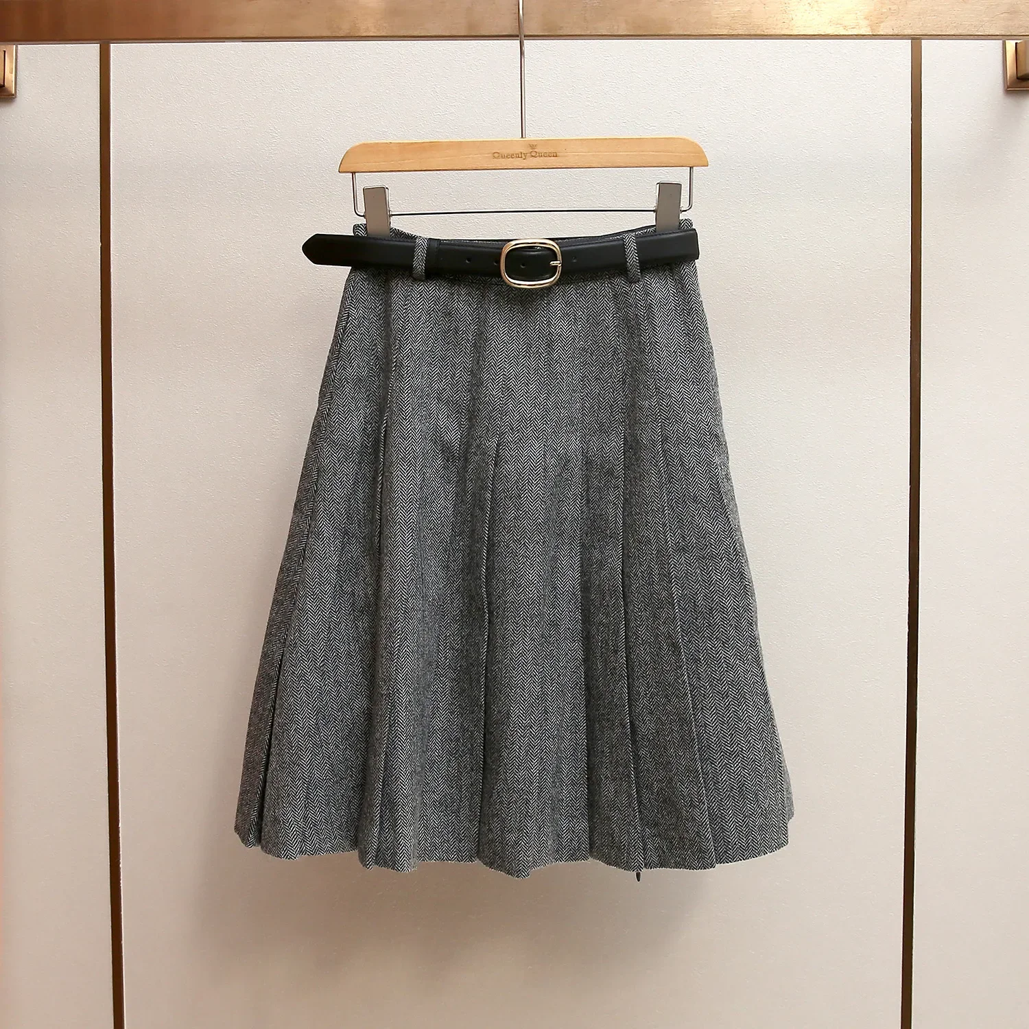 Hoge Kwaliteit Herfst Winter Koreaanse Stijl A-lijn Grijze Geplooide Midi Rok Slanke Hoge Taille Gordel Split Zoom vrouw kleding