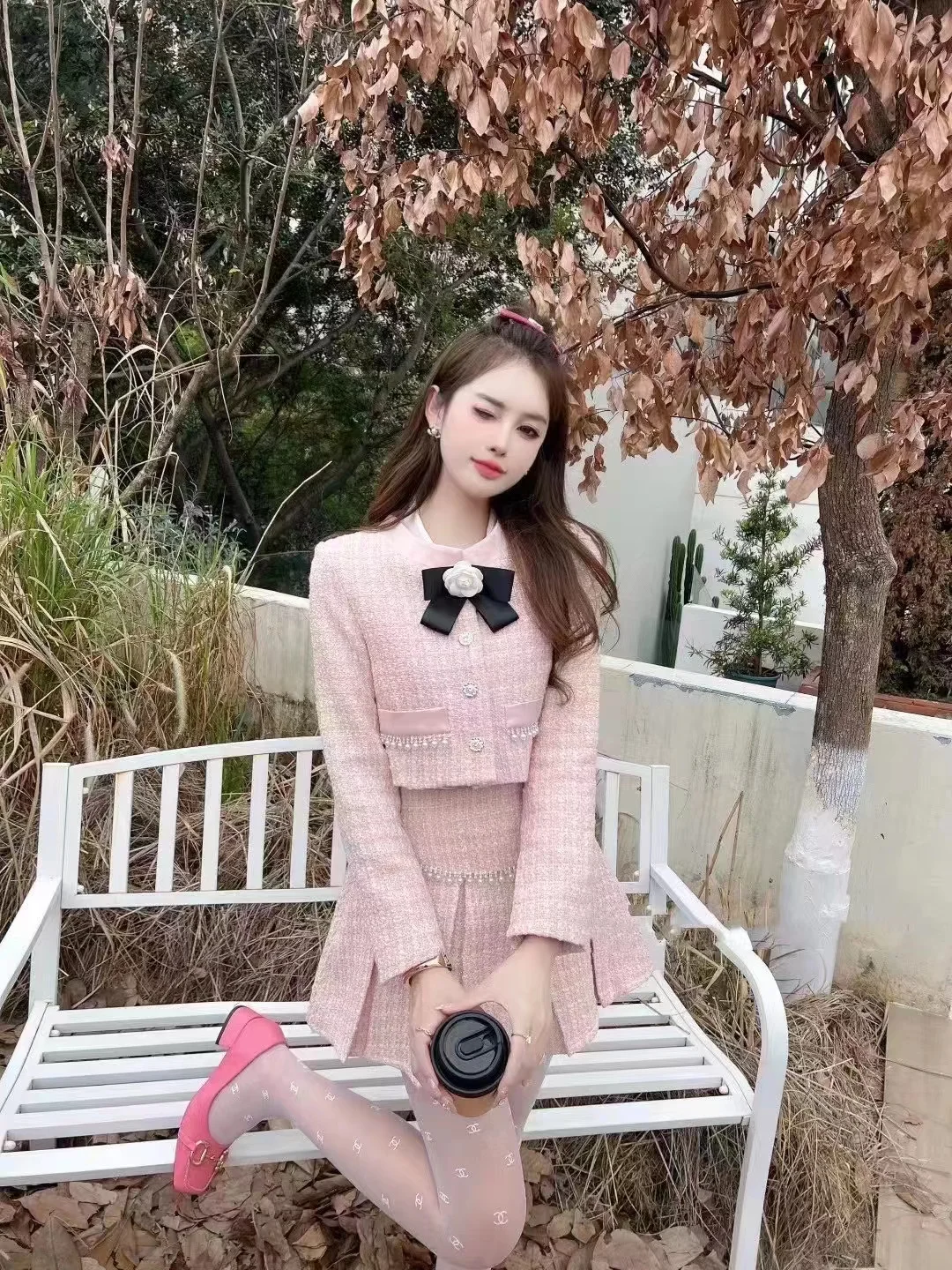 Crewneck Academy Style Women's Suit Jacket Autumn and Winter Pleated Elegant Coat Top Pleated Skirt Office Lady Two-piece Set