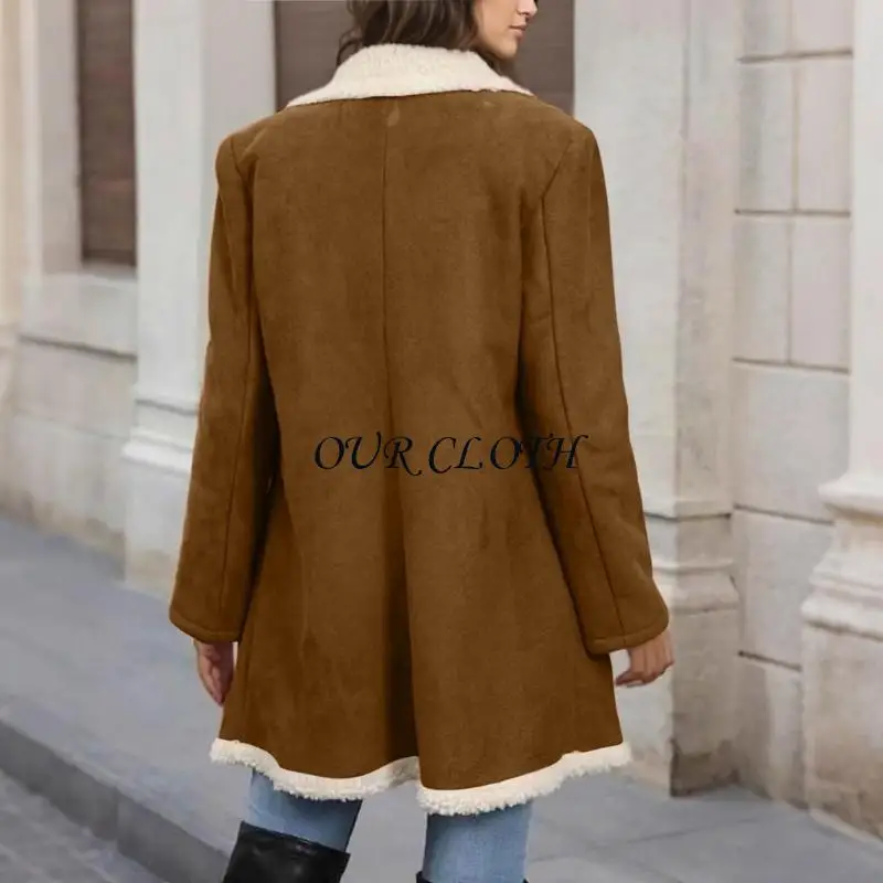 

Женское длинное пальто из искусственной кожи на подкладке, двубортное флисовое кожаное зимнее теплое пальто с лацканами Y1AC