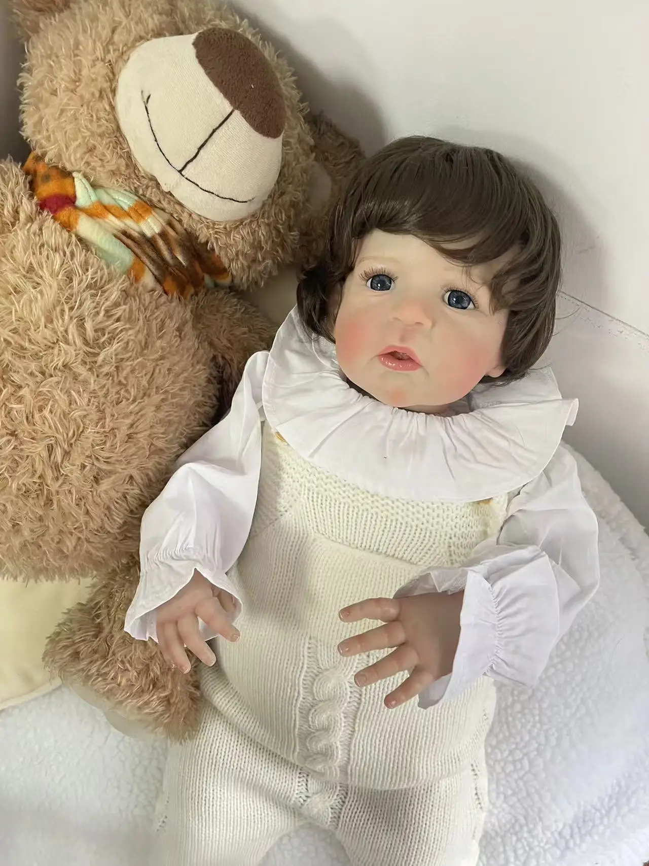 24Inch Wearing White Long Sleeves and White Knitted Suspender Pants Sandie Multiple Layers Painting Reborn Doll Hand Root Hair