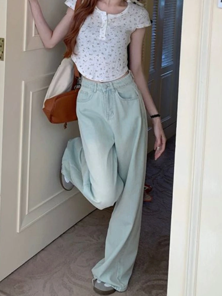 Long Jeans Women New Summer Vintage Bleached Design Loose Wide-leg Trousers Ulzzang Street Style Basic College Harajuku Popular