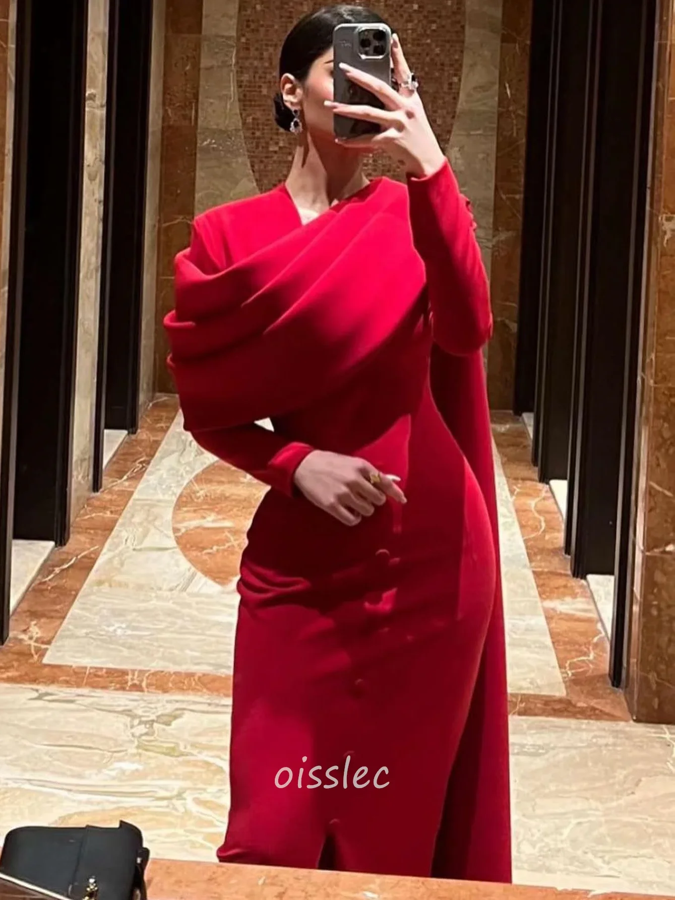 Oisslec Red Evening Dress High Neck Ruffled Prom Dress Wedding Evening Party Dress Sweep Train Special Occasions Dress 2024