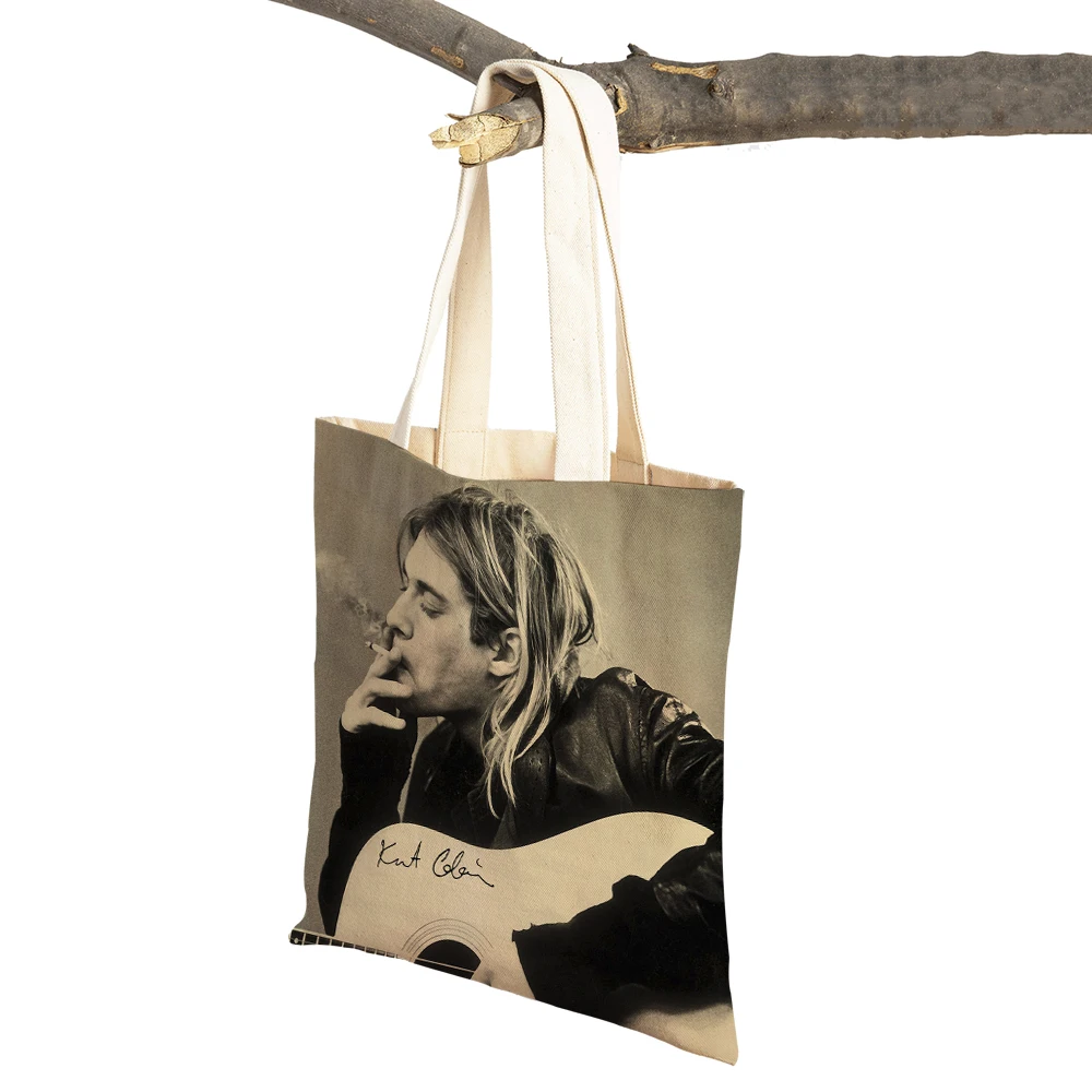 Kurt Cobain Shopping Bags Rock Roll Music Shopper Supermarket Bag Design Women Handbag Eco Portable Convenient Storage Tote