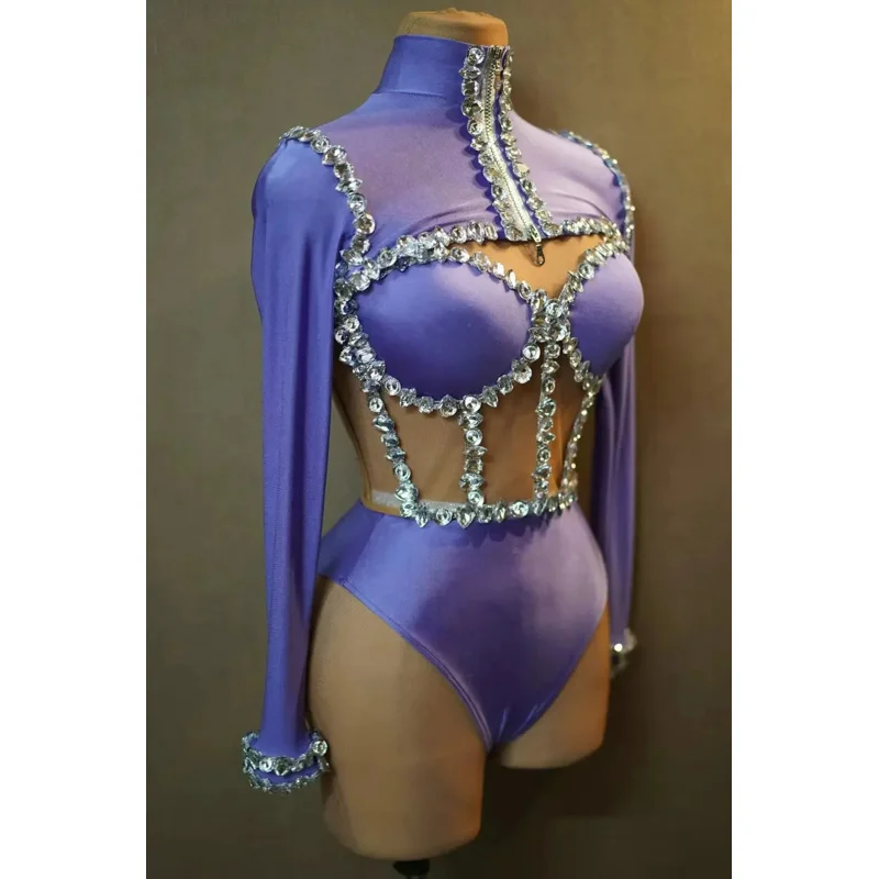 Sparkly Rhinestone Bodysuits for Women Long Sleeve Body Suits Outfits Set Dance Drag Queen Costume Pole Dance Leotard Jianmei