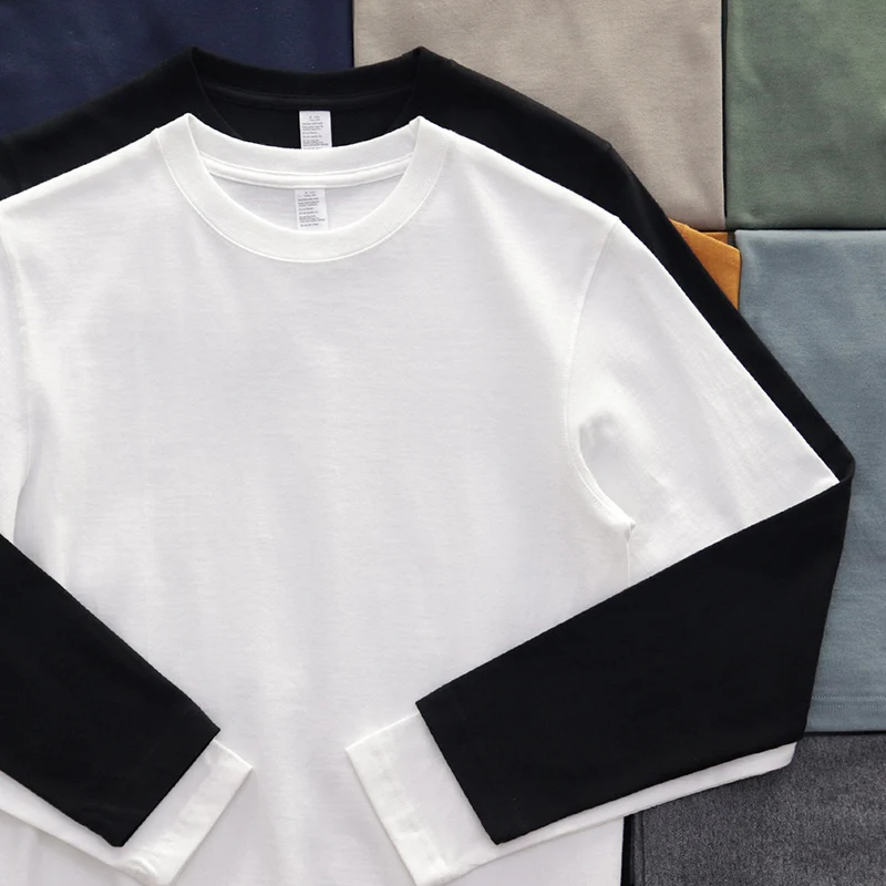 

Heavyweight 260G Men's Long Sve T-irt Basic American Retro Casual Cotton round Ne Spring Autumn Base irt White