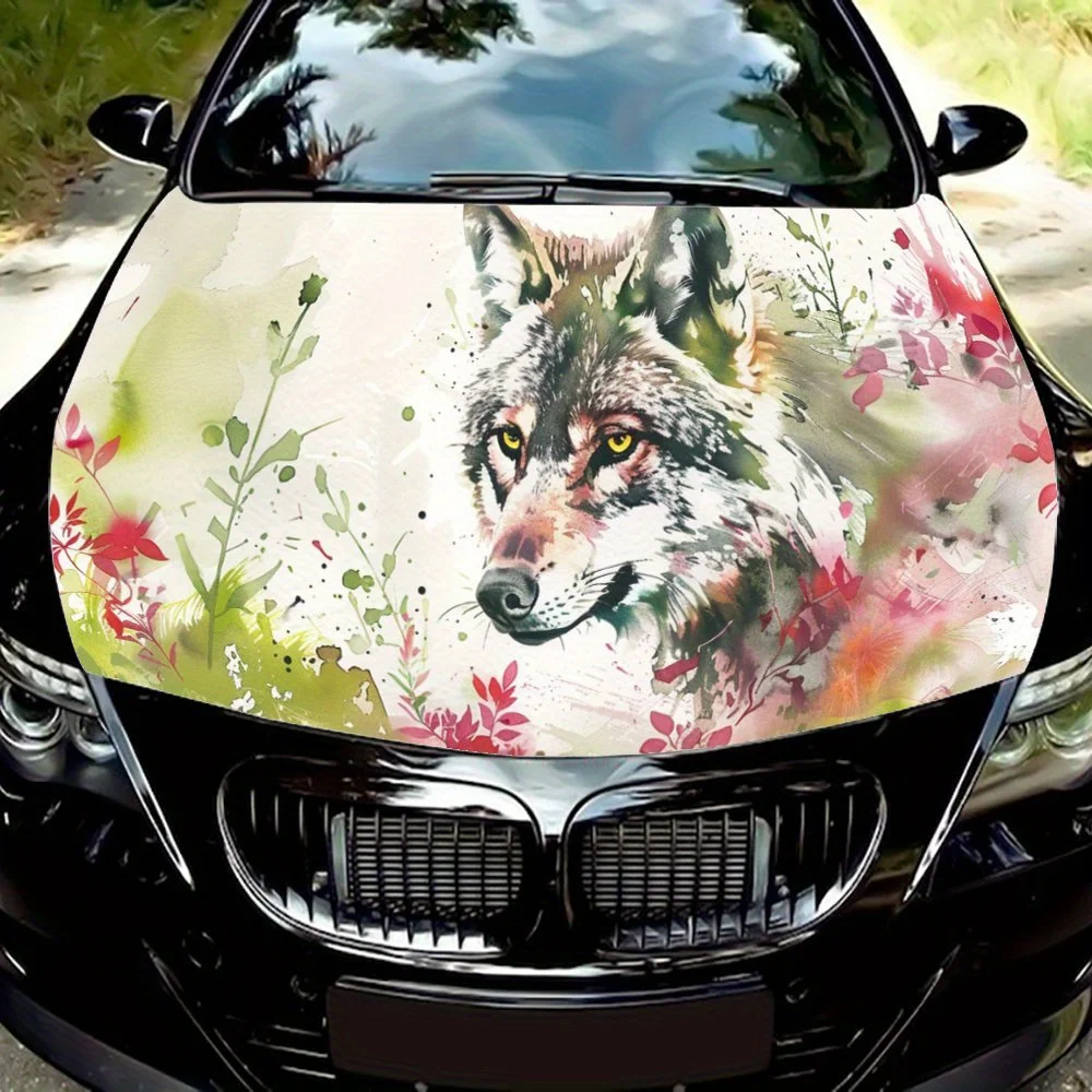Watercolor Wolf Flowers and Plants Car Hood Wrap Color Vinyl Sticker Truck Graphic Bonnet Auto Accessories Decoration Decal Gift