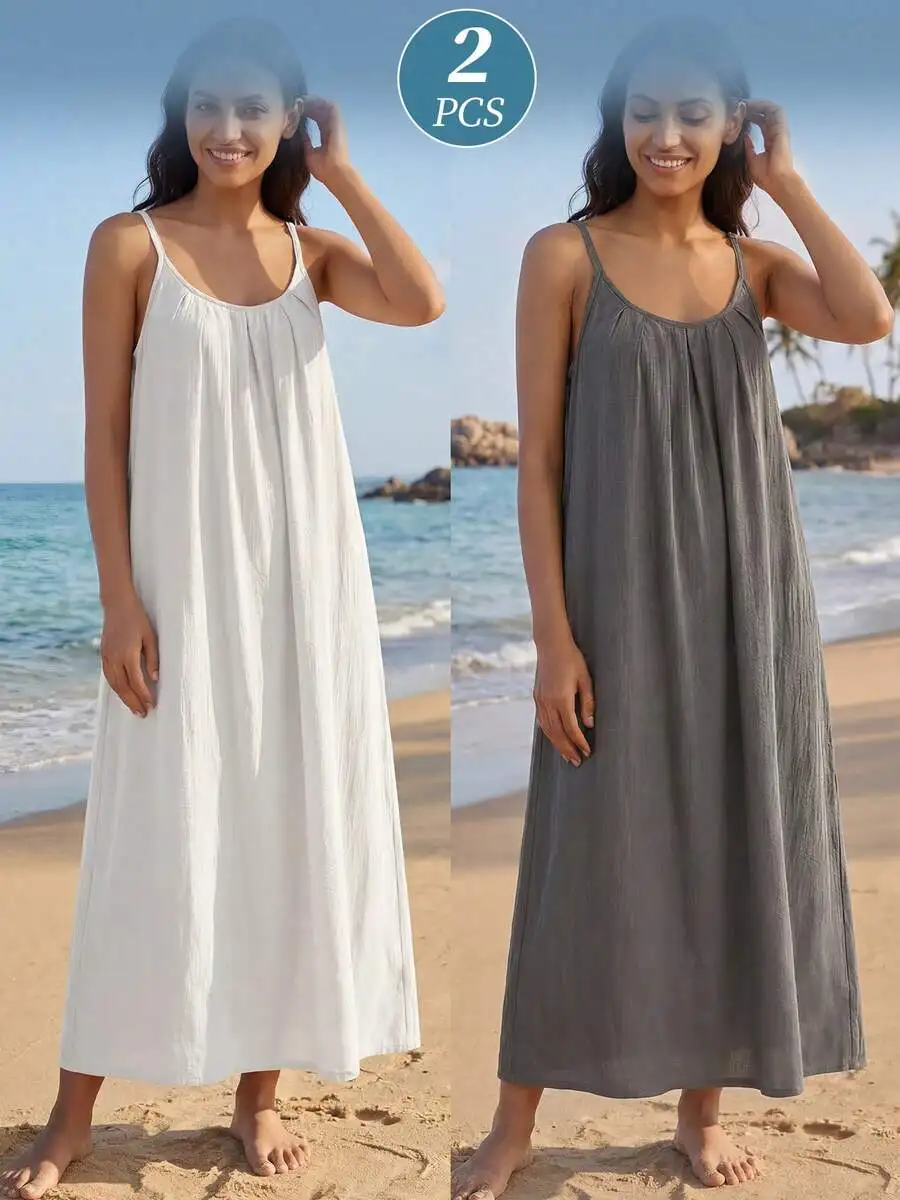

2pcs Women Spaghetti Strap Nightgown Sleep Dress V Neck Adjustable Slip Chemise Comfortable Loungewear