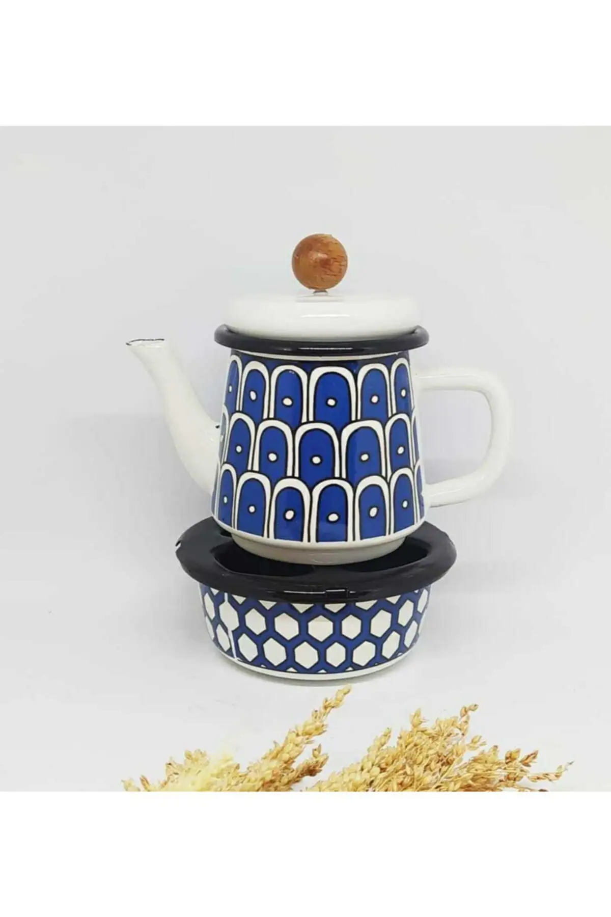 Ebruliemaye Blue Wave Enamel Isıtıcılı Teapot Set