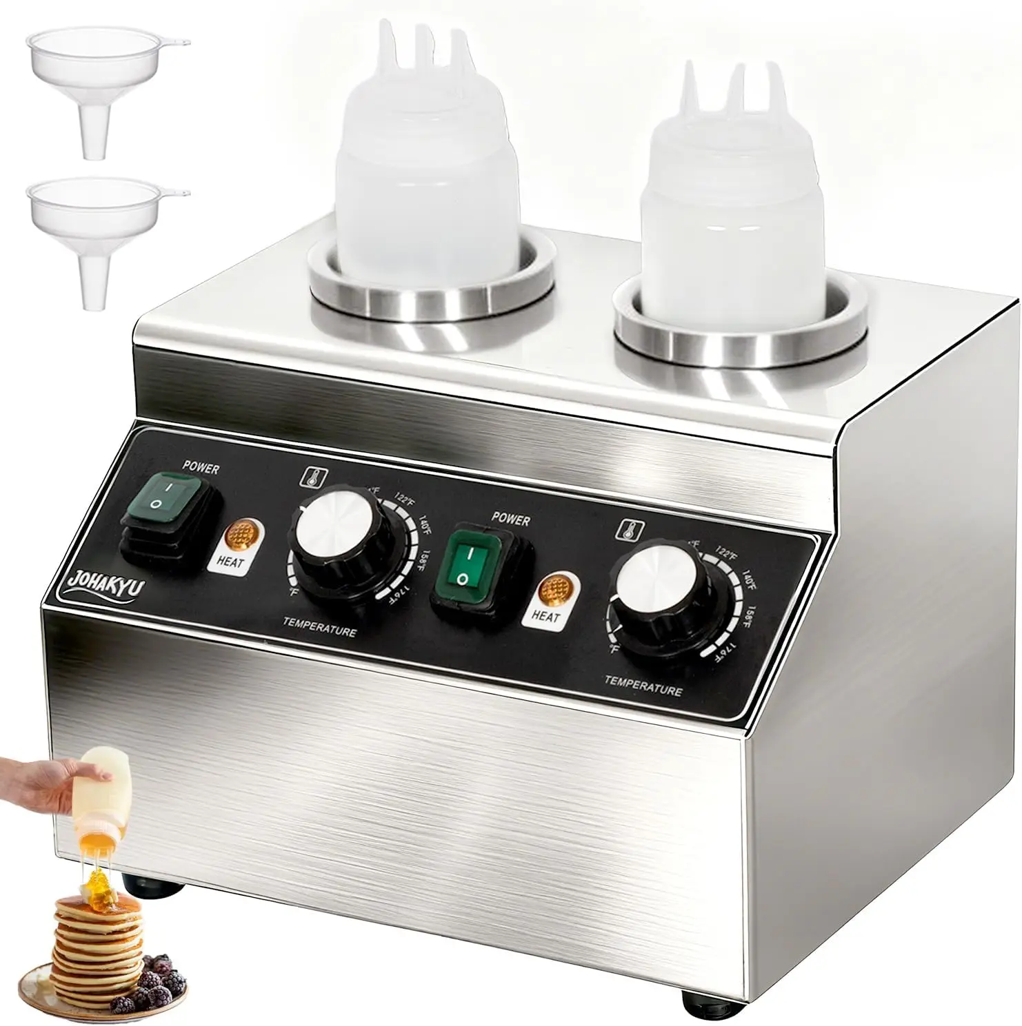 

Stainless Steel Countertop Hot Fudge/Nacho Cheese Warmer with 2×650ml Squeeze Bottles and 2 Funnels (2 Grids)