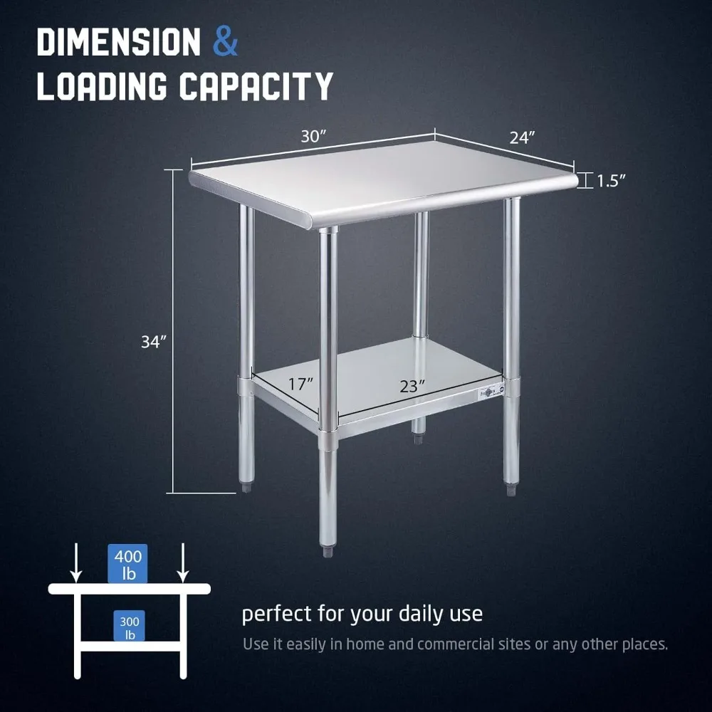

Stainless Steel Prep Table 30x24 Inch NSF Commercial Work Table with Undershelf Heavy Duty Table