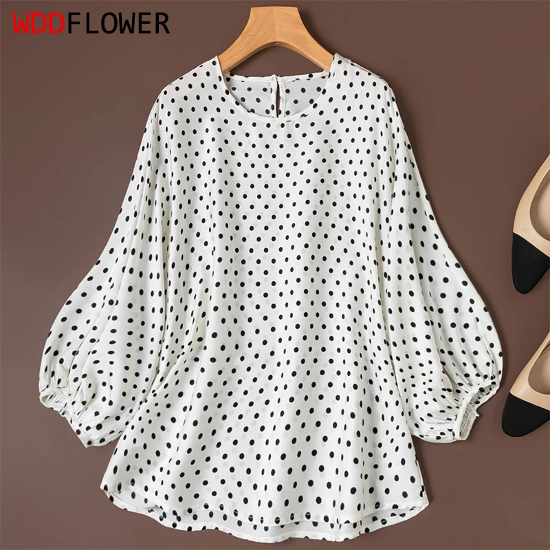 

Women Silk Shirt 19 Momme 93% Mulberry Silk 7% Spandex White Polka Dots Printed Batwing Raglan Sleeve Pullover Top Blouse M1570
