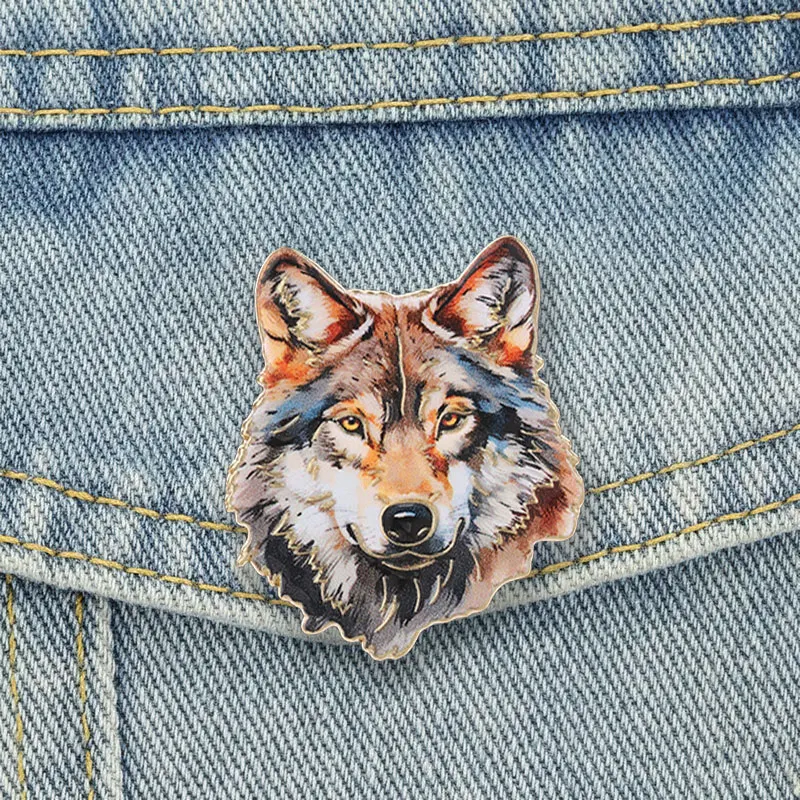Realistische Aquarell-Tier-UV-Druck-Abzeichen Blauer Vogel Wolfskopf Anstecknadeln Naturkunst Metallbroschen Anstecknadel-Set Geschenk – Detail 2