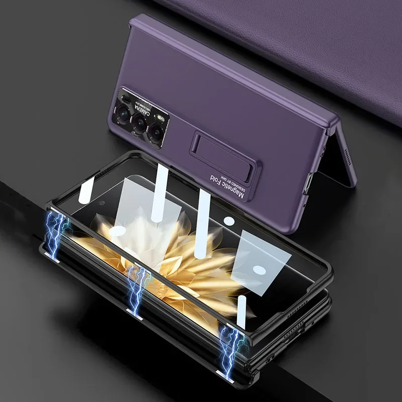 

For Honor Magic V2 Magnetic Hinge Anti knock Armor Matte Hard Plastic Case With Outer Screen Glass Holder