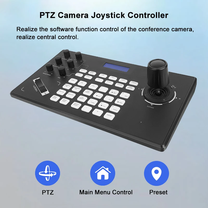 PTZ pengontrol Joystick kamera mendukung RS422 RS485 RS232, layar LCD dan pengontrol Keyboard kamera IP untuk kamera POE NDI PTZ