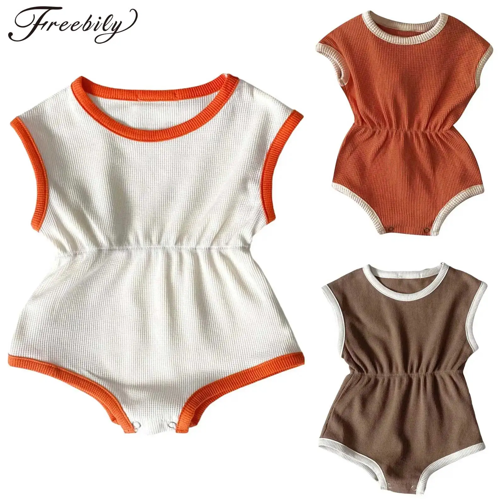 

Baby Boys Girls Summer Clothing Waffle Rompers Round Collar Sleeveless Color Block Bodysuit Infant Outfits Daily Home Wear