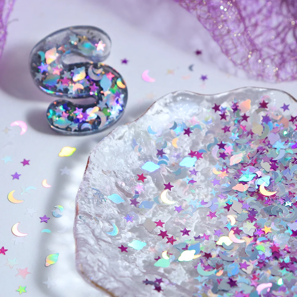 5g Holographic Stars Moon Sequins Resin Filling Accessories Silvery Purple Planet Glitter Resin Mold Fillers DIY Jewelry Making