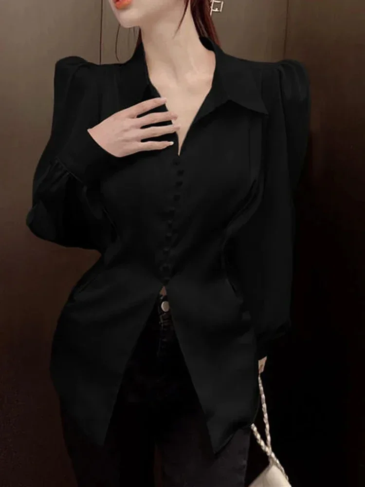 Camicia da donna coreana versatile con risvolto scavato Top elegante camicia casual da ufficio con maniche morbide e fiocco sul retro da donna