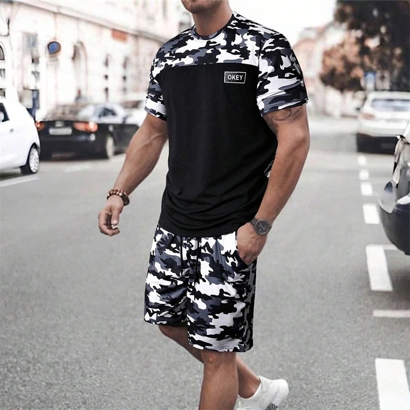 2024 New Summer Quick-Drying O-Collar Camouflage Print Set Classic Men\'s Sports Short Sleeve and Shorts 2-Piece Gym Fitness Set