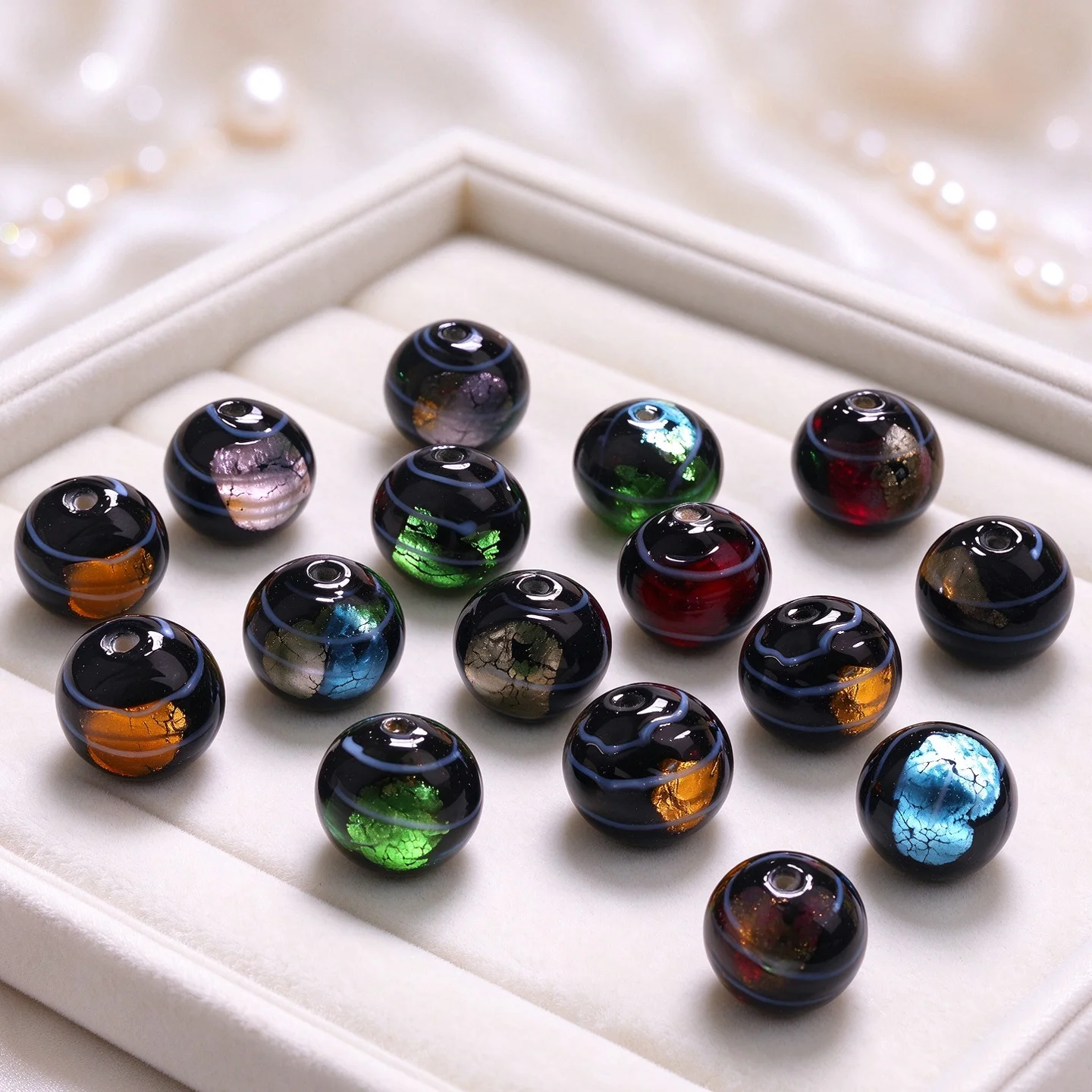 2Pcs 12mm Handmade Black Lampwork Glass Colorful Foil Round Striped Loose Spacer Beads DIY Bracelet Earring Jewelry Making