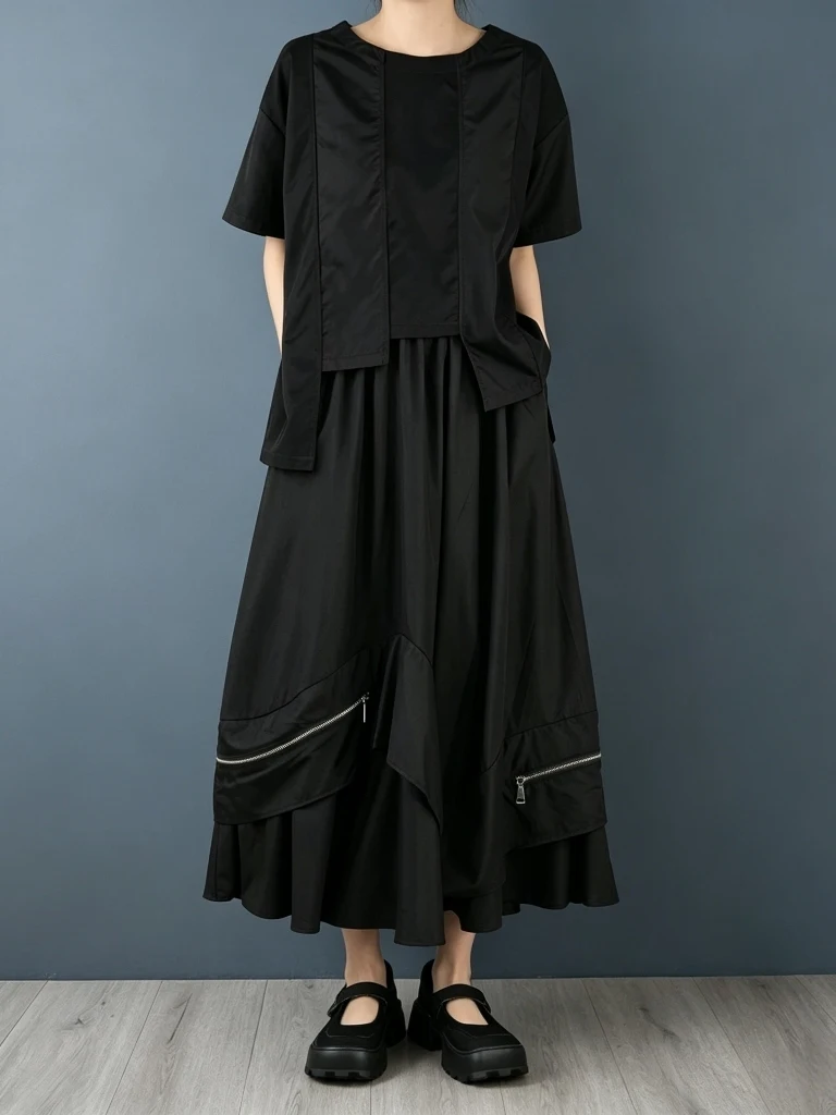 Fall 2026 Asymmetric Zipper Decorative Elastic Lantern Skirt Loose Fashionable Versatile High Waist Korean Style Commute Dress