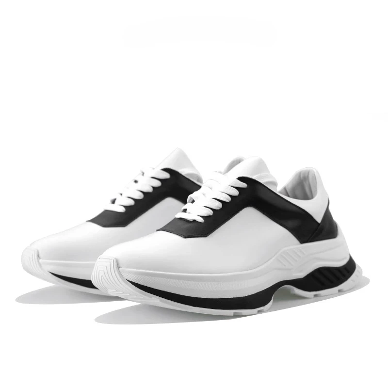 Minimalist Patchwork Platform Sneakers Men Cow Leather Upper Height-increasing Casual Shoes Daily Footwear Walking Trainers