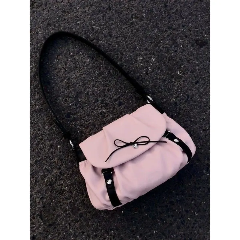 Korean Fashion Bow Women Handbags Pink Sweet Kawaii All Match Shoulder Bags Casual Office Lady Y2k Underarm Bag Storage Bag