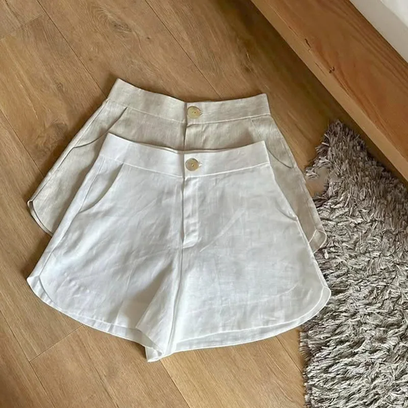 Summer Lyocell Linen Shorts Women White Color High Wasit Casual Loose A-line Beach Holiday Streetwear Shorts Feminino Pantalones