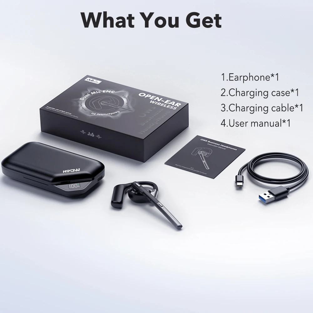Mpow A6 Bluetooth 6.0 Headset with Microphone 96-Hour Open Ear Noise Canceling Wireless Earpiece Mute Button for Trucker Office