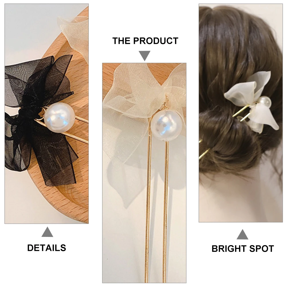 

2 Pcs Hair Bow Lace Clasps U Shape Hairpins for Wedding Headdresses Polyester Barrettes Bride Stick