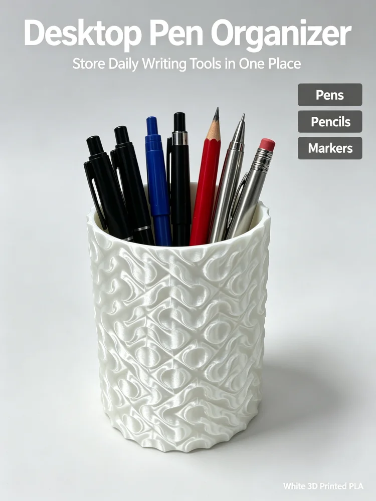 Cute Pencil Holder with Wavy Texture, Desktop Pen Holder, 3D Printed Pla Material, White Pen Cup, Cute Stationery Organizer with Ripple Texture, Student Desktop Stationery Organizer, Desktop Storage Cup, School Desk Pen Storage Container, Minimalist Style Desktop Organizer, Aesthetically Pleasing Pen Holder, Suitable for School Student Desks, Home Study Tables, Ambiance-Enhancing Desktop Decoration, Organizer for Various Stationery Items, Create a Tidy and Cute Study Space for Students