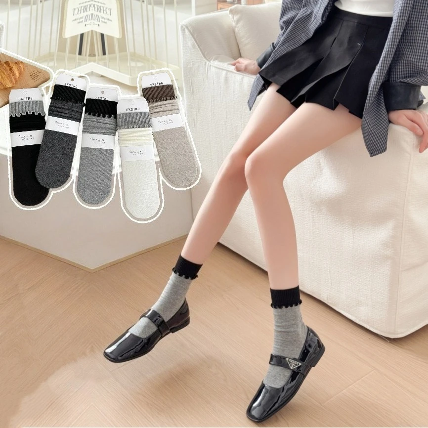 

Autumn and Winter Women Socks Color Matching Knitted Cotton Medium Tube Socks Japanese JK Lolita Kawaii Cute Ruffles Long Socks